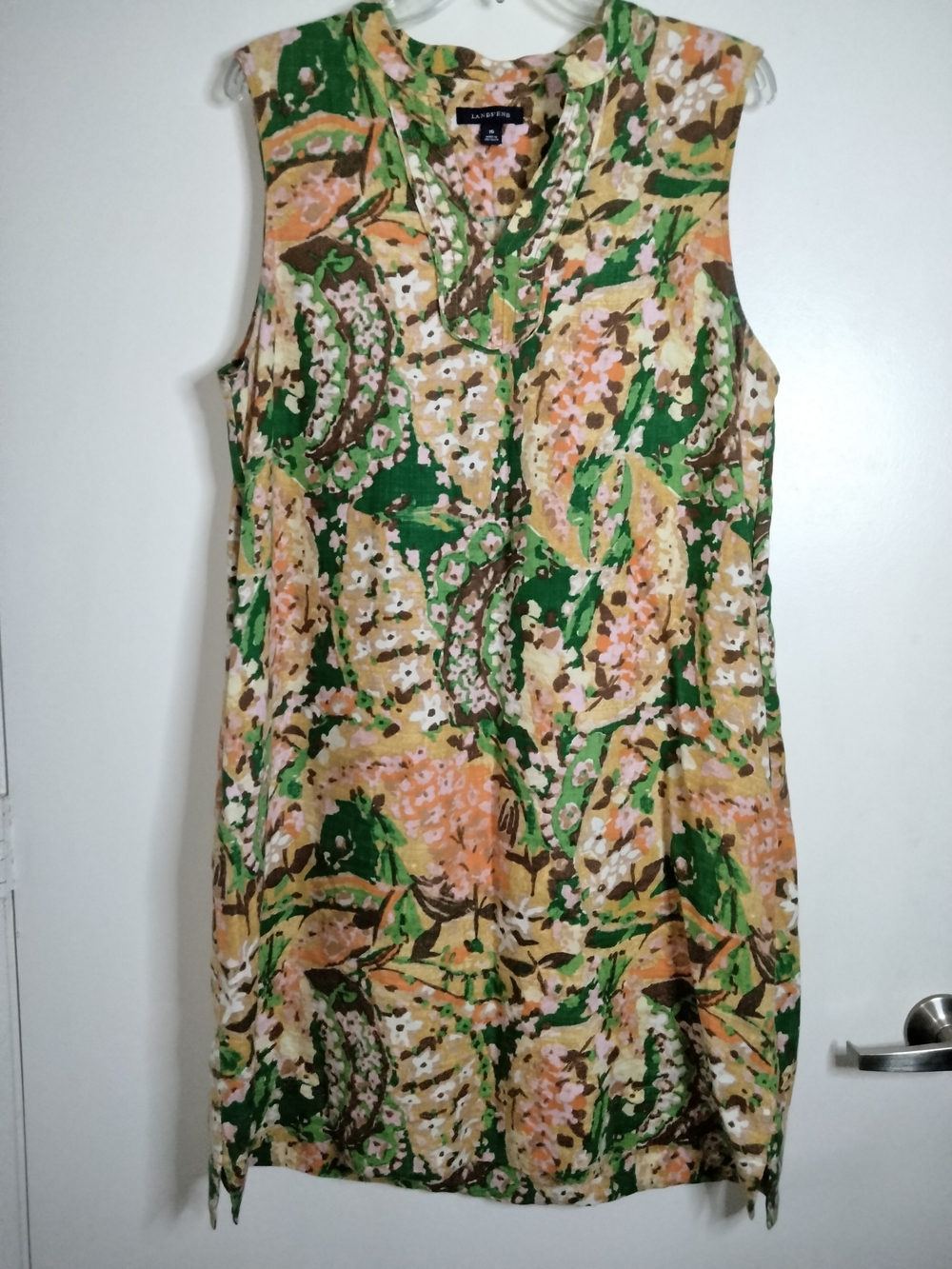 Lands' End -Sz 16- Multicolor Floral Linen V-neck Sleeveless & Pocket Midi Dress